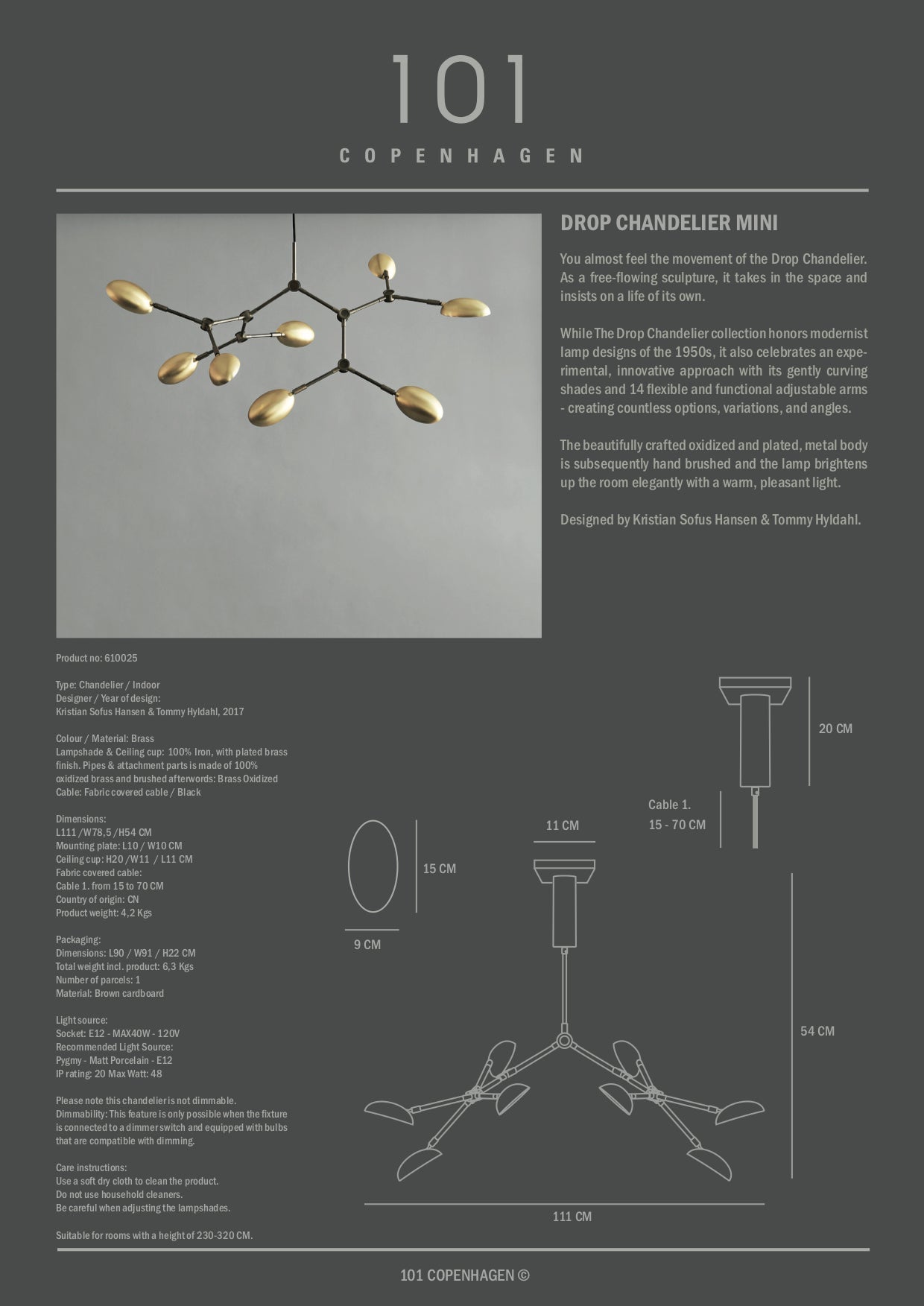 Drop Chandelier - Mini. Brass